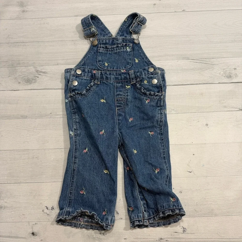 Faded Glory girls denim overalls with‎ embroidered flower 12 months